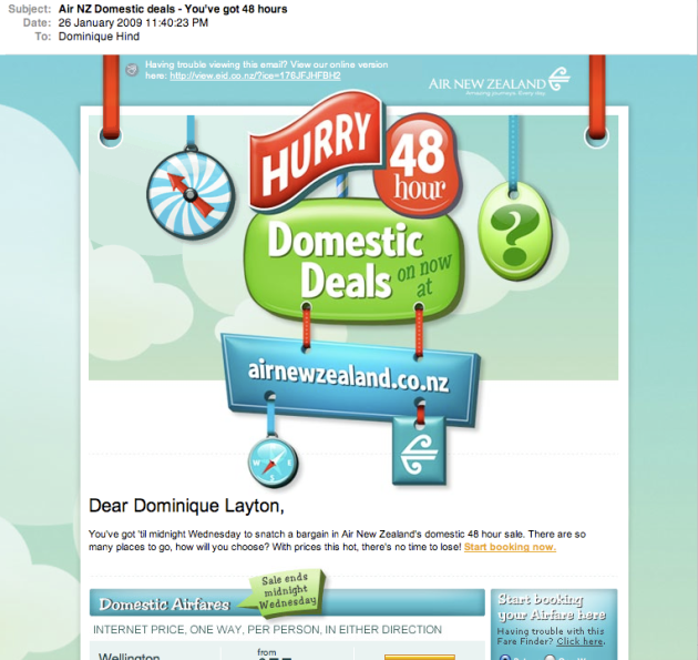 Air NZ Domestic Deals email