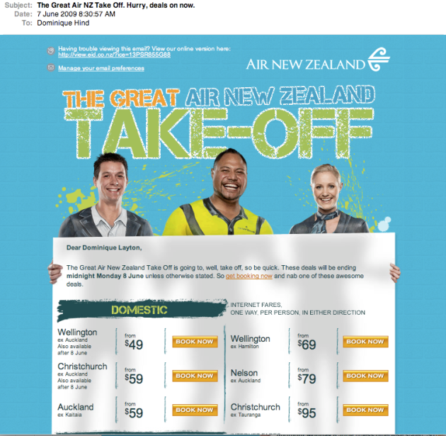 Air NZ Domestic Sale Take Off email