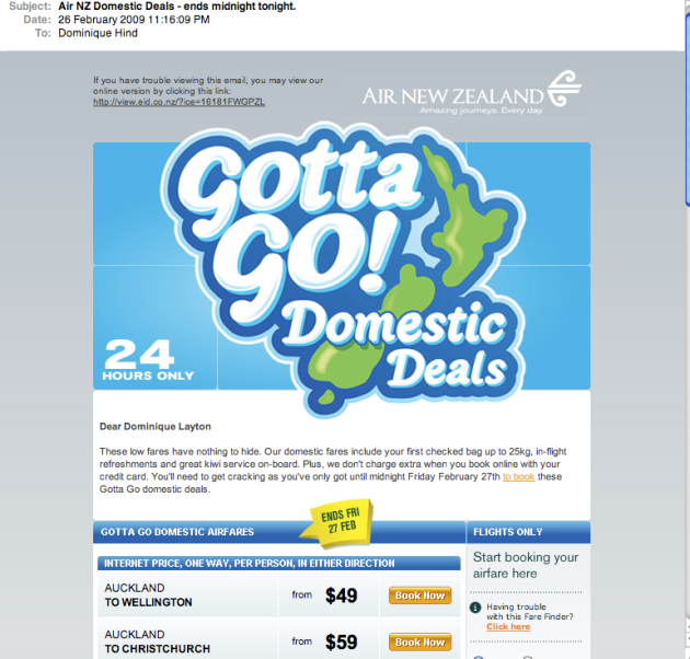 Air NZ Gotta Go Domestic Deals email