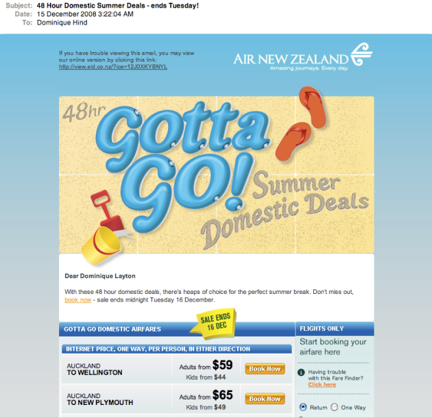 Air NZ Gotta Go Domestic Deals email 2
