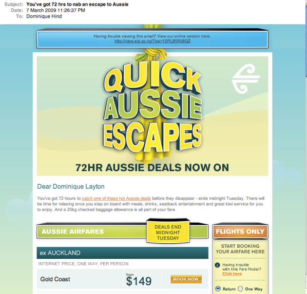 Air NZ Quick Aussie Escapes email